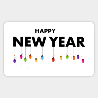 Happy new year text with hanging colorful light bulbs Sticker